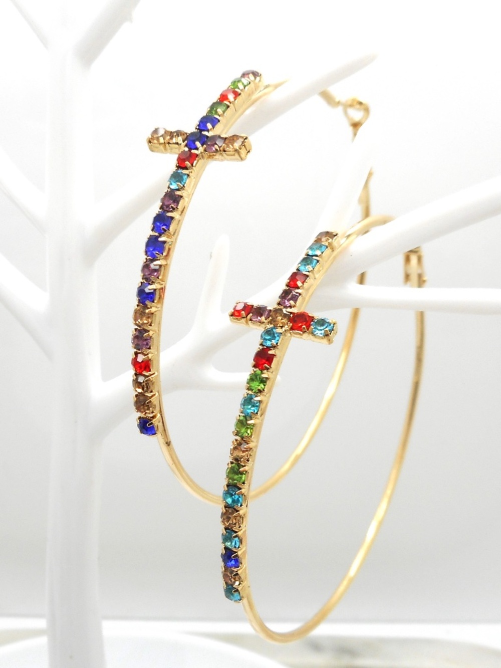 Colo0rful Blend Crystal Cross Hoops 3 " Hoop Earrings